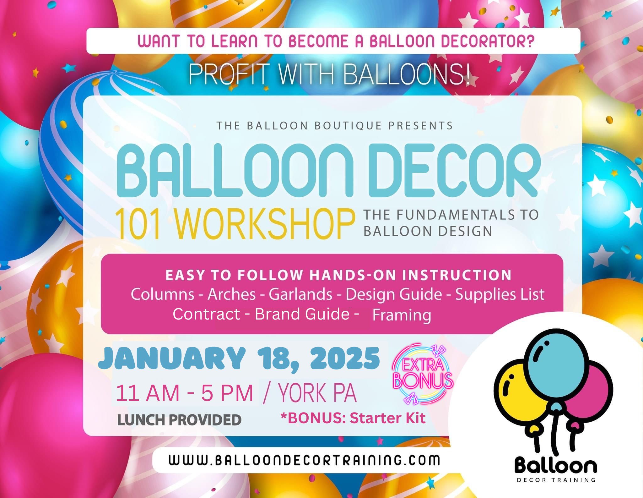 Flyer promoting the Beginner’s Balloon Hands-On Masterclass on January 18, 2025, with details about early bird pricing, virtual option, and course highlights.