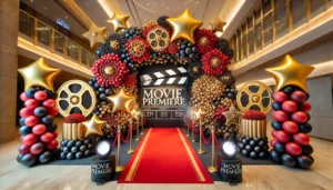 Balloon decor for a movie premiere with a red, gold, and black balloon arch, star-shaped foil clusters, a balloon film reel sculpture, and a 'Movie Premiere' balloon wall, all illuminated by spotlights in a theater lobby.