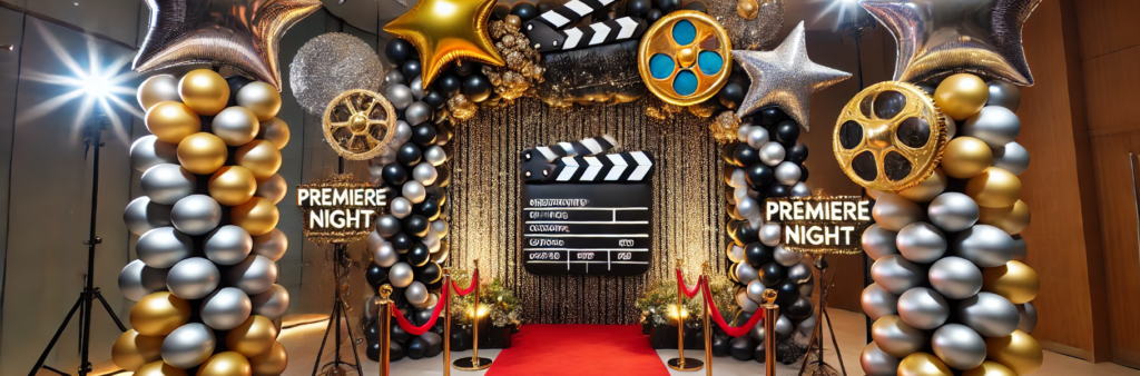 Balloon decor for a movie premiere with a red, gold, and black balloon arch, star-shaped foil clusters, a balloon film reel sculpture, and a 'Movie Premiere' balloon wall, all illuminated by spotlights in a theater lobby.